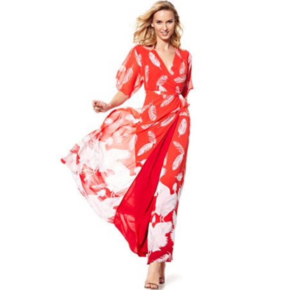 NEW - Flamenco Red Maxi Wrap Feather Print Dress